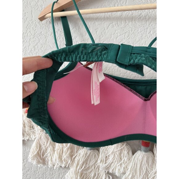 Victoria's Secret Pink Garnet Green Logo Push Up Flocked Mesh Bra Underwire NWT - Picture 4 of 6